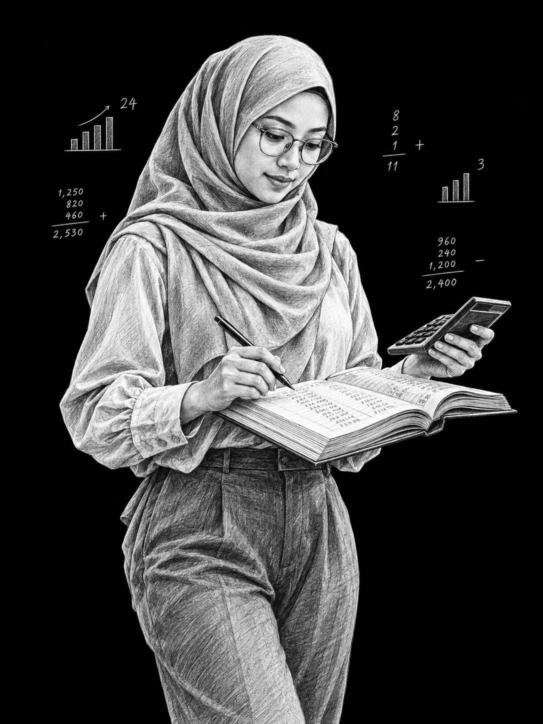 White-pencil portrait of a Malaysian accountant working with a ledger and calculator.