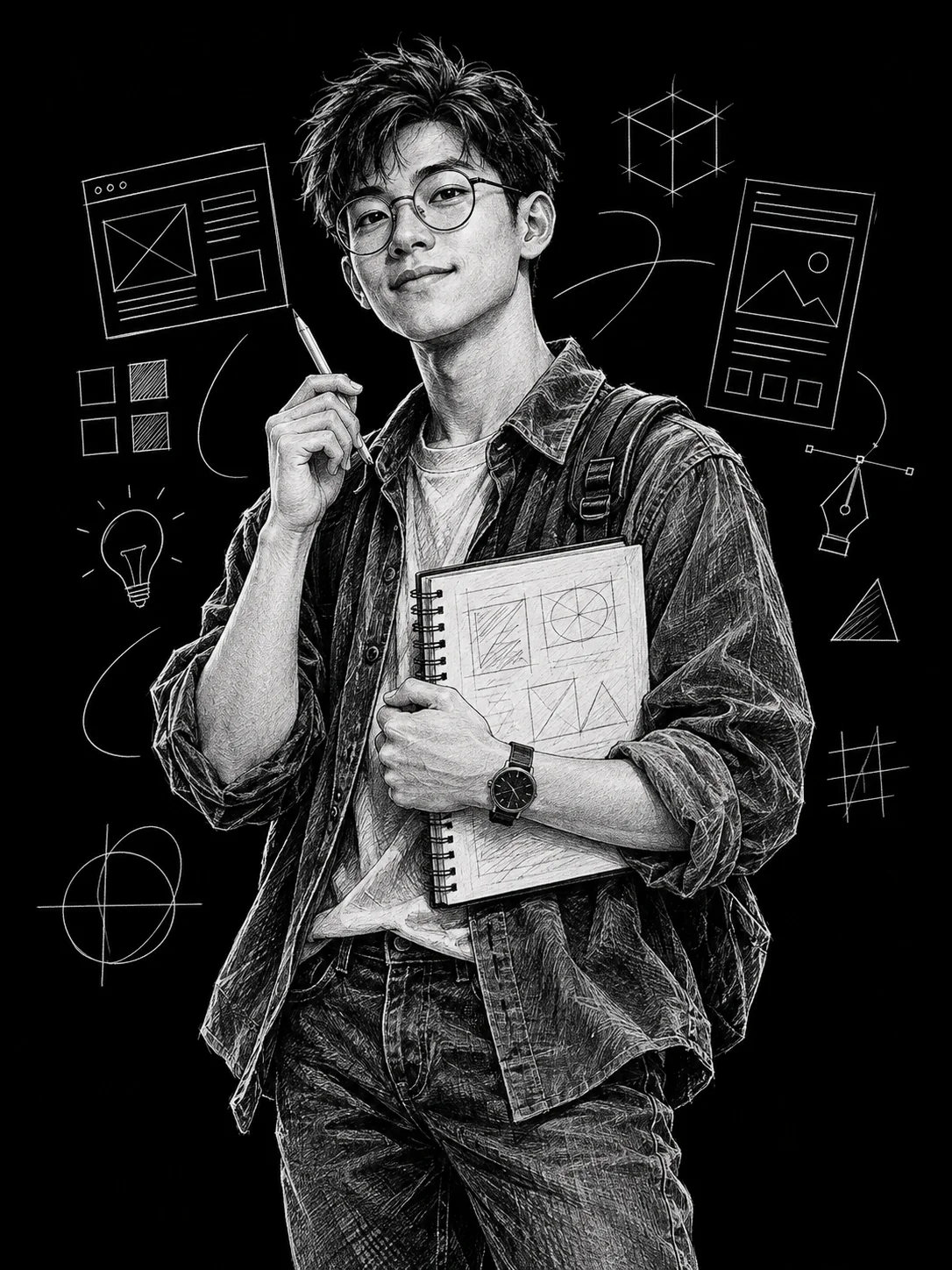 White-pencil portrait of a Malaysian designer surrounded by interface sketches.