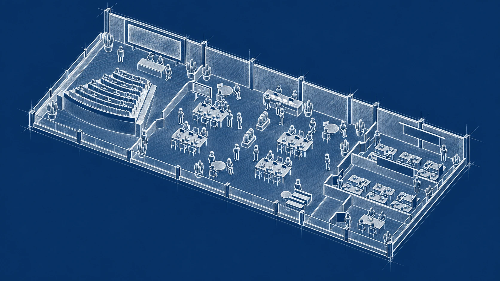 Pencil-drawn bird’s-eye plan of the school: The Cave on the left with tiered seating facing the screen, The AI Hub in the open centre with shared tables and reception, and AI Classes on the right in two large rooms and one small room.